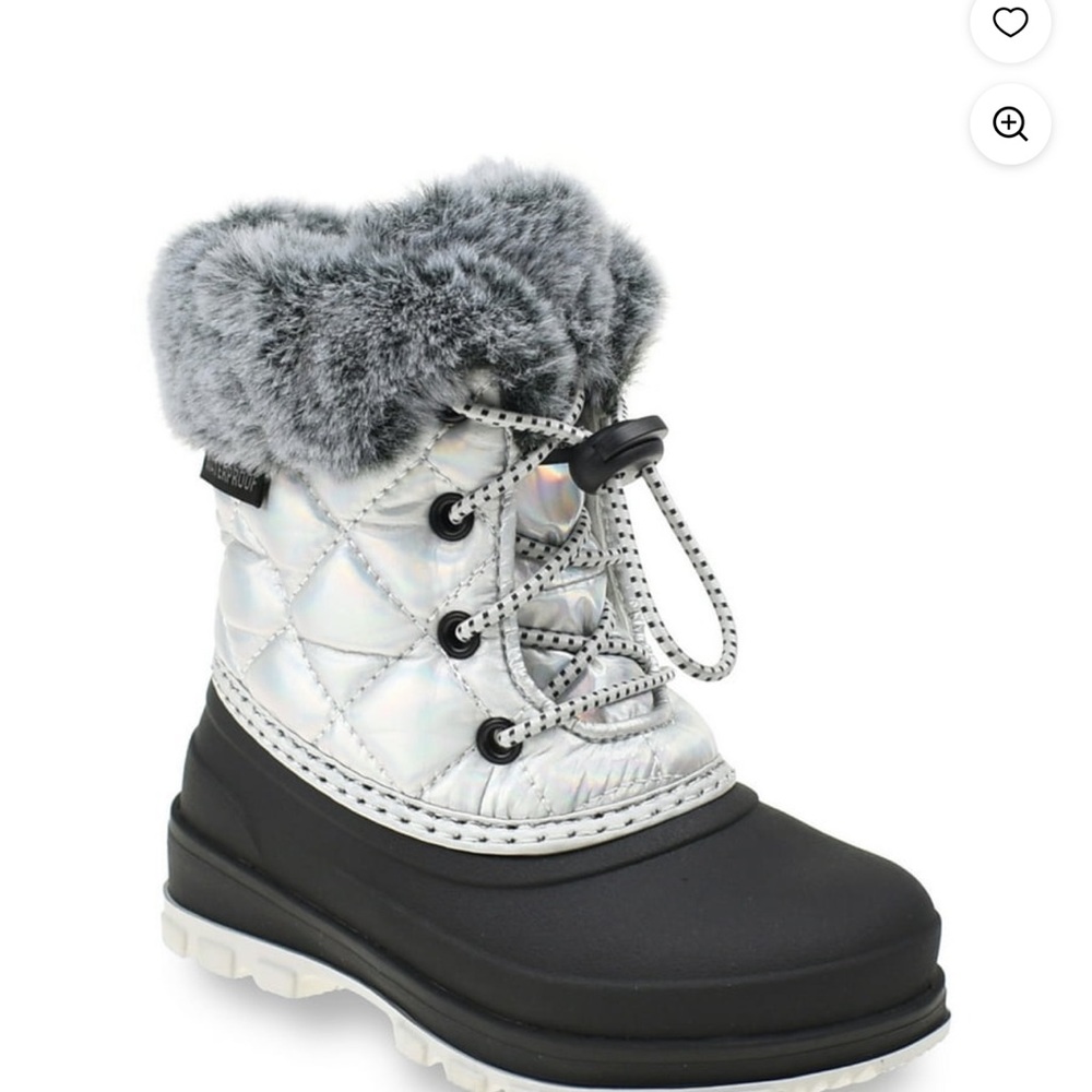 Ozark Trail Silver and Black Quilted Kids Snow Boots with Gray Faux Fur